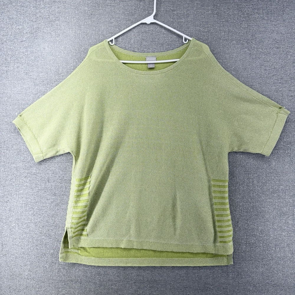 Chicos Pullover Sweater Women Size 2/L Light Green Linen Blend Short Sleeve